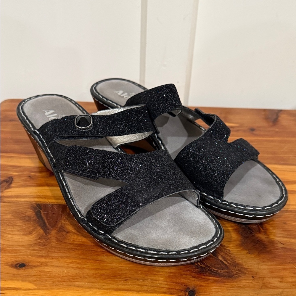 Alegria Loti Black Glitterati Leather Comfort Slide Wedge Sandals 42